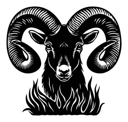 This striking hand-drawn illustration features a detailed ram head with impressive horns, surrounded by grass, capturing the essence of wildlife and artistry.のイラスト素材
