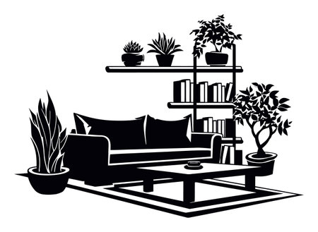 This black and white illustration showcases a modern living room featuring elegant furniture and lush plants. Ideal for design inspirations and home decor themes.のイラスト素材