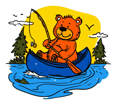 A cheerful bear enjoys a fishing trip in a bright blue canoe, surrounded by vibrant nature. Illustrative and playful art, perfect for kids and nature lovers.のイラスト素材