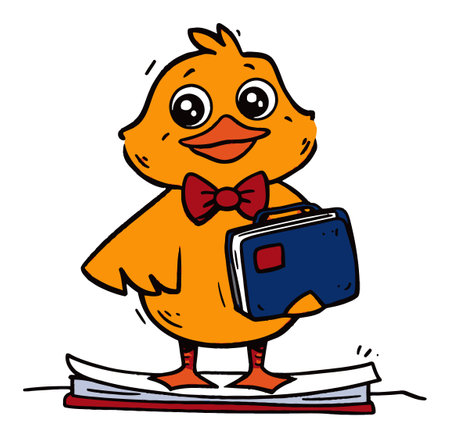 This delightful cartoon duck character features an orange hue, wearing a bow tie, and balancing a briefcase on a book. Ideal for educational or creative projects!のイラスト素材