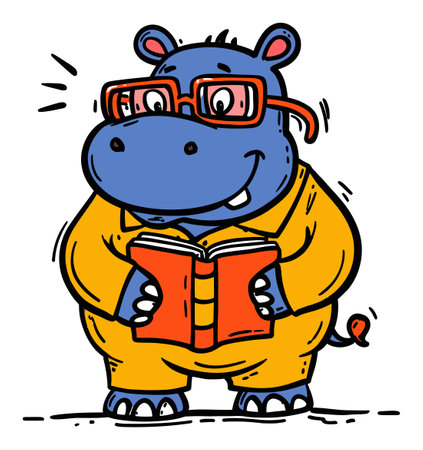 This charming illustration features a cute hippo character wearing glasses and reading a book. The vibrant yellow outfit adds a playful touch, making it perfect for children's educational materials or entertainment.のイラスト素材