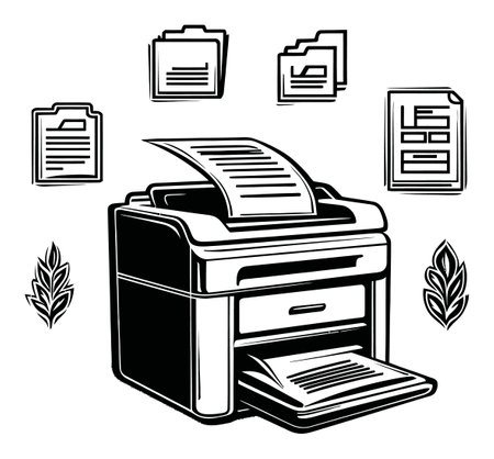 A creative black and white illustration showcasing a printer with documents and files. Ideal for...