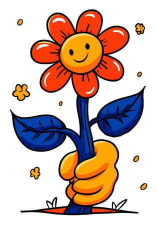 A cheerful cartoon flower with a smiling face is held by a vibrant hand, representing happiness and joy. Perfect illustration for art and nature themes.のイラスト素材
