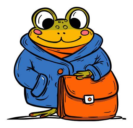 Whimsical cartoon frog wearing a blue coat and holding an orange briefcase, perfect for children's illustrations or art projects. Ideal for creative uses.のイラスト素材