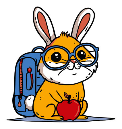 A delightful cartoon illustration of a cute bunny wearing glasses and a backpack, holding an apple. Perfect for educational themes, childrens art, and whimsical designs.のイラスト素材