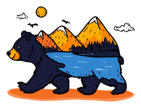 This vibrant illustration features a playful bear carrying a scenic mountain landscape and river in its body. Perfect for wildlife-themed projects.のイラスト素材