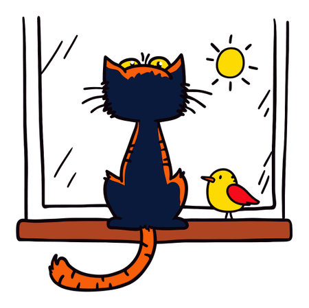 This charming illustration features a black cat with orange stripes sitting by a window, gazing at a cheerful yellow bird under a warm sun. Perfect for art lovers.のイラスト素材