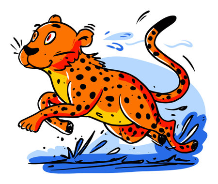 This vibrant cartoon illustration showcases a cheerful cheetah running across grass, embodying the essence of speed and playfulness in wildlife.のイラスト素材