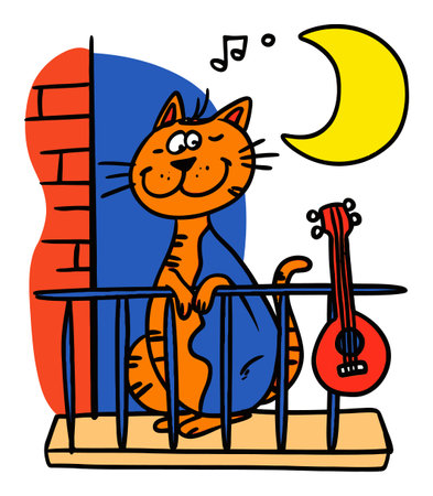 This vibrant illustration features a cheerful orange cat on a balcony, enjoying the moonlight while holding a ukulele, capturing a playful and whimsical scene.のイラスト素材
