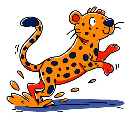 A vibrant cartoon leopard leaps joyfully through a splash of water, showcasing playful energy and creativity in this lively drawing.のイラスト素材