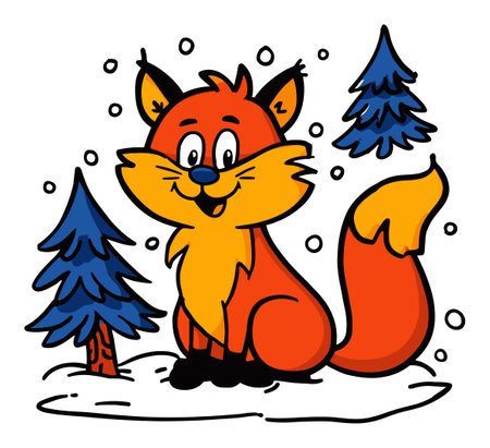 This charming illustration features a cute cartoon fox in a snowy forest, surrounded by trees and falling snowflakes, perfect for children's designs.のイラスト素材