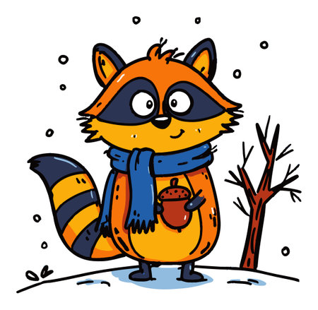 Adorable cartoon raccoon stands in a snowy landscape wearing a blue scarf and holding an acorn. This whimsical illustration captures the playful essence of winter wildlife, perfect for children's themes.のイラスト素材