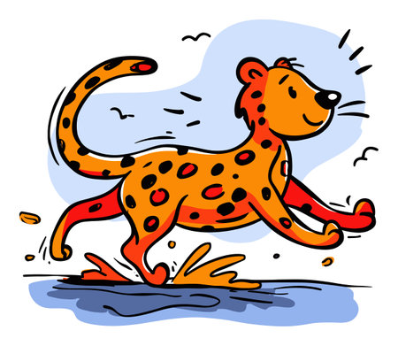This delightful cartoon illustration features a cheerful leopard running joyfully, showcasing vibrant colors and a playful style, perfect for children's art themes.のイラスト素材