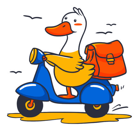 A cheerful duck rides a blue scooter with an orange bag, embodying joy and adventure in this vibrant cartoon-style art illustration perfect for children.のイラスト素材