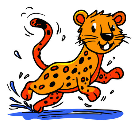 This vibrant illustration features a playful cartoon leopard joyfully running through water. The design captivates with bright colors and a cheerful expression, perfect for children's content.のイラスト素材