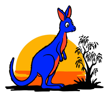 This vibrant cartoon illustration features a blue kangaroo standing by a tree against a sunset background. It's a joyful and playful representation perfect for various creative projects.のイラスト素材