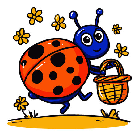 Playful illustration of a cute cartoon ladybug joyfully carrying a basket amidst bright flowers. This charming design is perfect for children's decor and educational materials.のイラスト素材