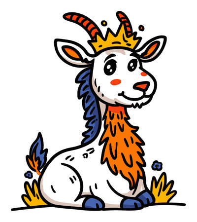 This charming illustration features a playful goat adorned with a bright crown, showcasing a whimsical design. Perfect for children's art, stories, or decorations.のイラスト素材