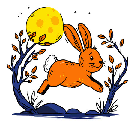 This vibrant illustration features a playful orange rabbit joyfully leaping under a shimmering moon. The enchanting night scene captures the essence of whimsical creativity.のイラスト素材