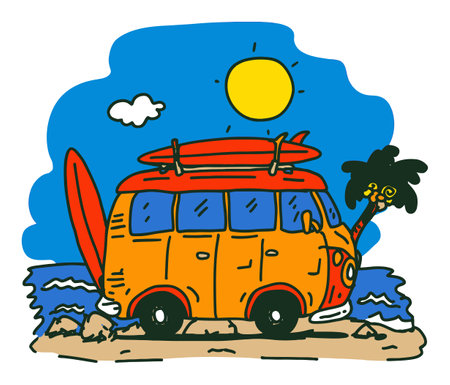 This vibrant illustration features a retro van with surfboards on top, set against a sunny ocean backdrop, evoking feelings of adventure and summer fun.のイラスト素材
