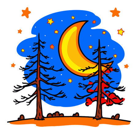This vibrant illustration features a large moon, colorful stars, and silhouetted trees against a bright night sky. Perfect for artistic projects!のイラスト素材