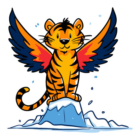 A charming cartoon tiger with vibrant wings stands proudly on a mountain peak, showcasing playful creativity and joy. Ideal for children's artwork and stories.のイラスト素材