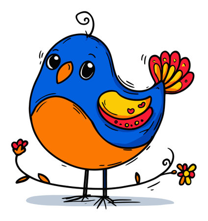 This delightful cartoon bird features vibrant colors and a whimsical design, embodying playfulness and charm. Perfect for creative projects or children's content.のイラスト素材