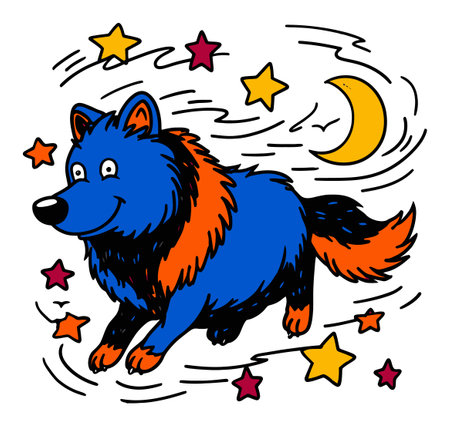 This vibrant illustration features a cheerful cartoon wolf playfully running through a whimsical night scene decorated with a moon and colorful stars, perfect for playful designs.のイラスト素材