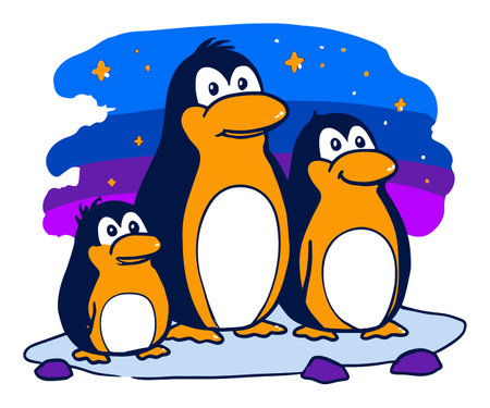 This vibrant illustration features three charming cartoon penguins standing on ice, set against a whimsical starry background. Perfect for playful designs.のイラスト素材