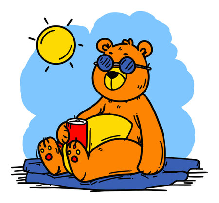 A cheerful and playful illustration of a cute bear wearing sunglasses, relaxing under the sun with a refreshing drink, perfect for summer themes.のイラスト素材