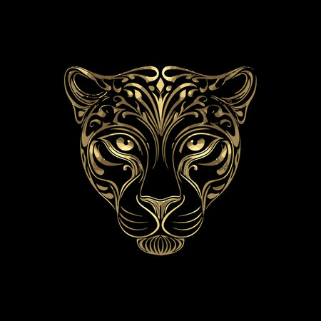 This stunning vector artwork features an elegant golden panther head adorned with intricate floral...