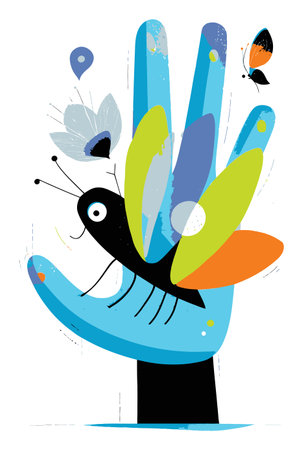 A vibrant vector illustration featuring a colorful hand holding a whimsical insect with flowers and a butterfly. Perfect for conveying creativity and nature themes.のイラスト素材