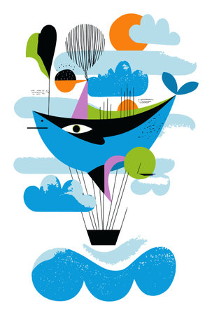 This colorful vector illustration features an abstract blue fish floating with balloons amidst playful clouds. It blends whimsy and art in a modern design.のイラスト素材