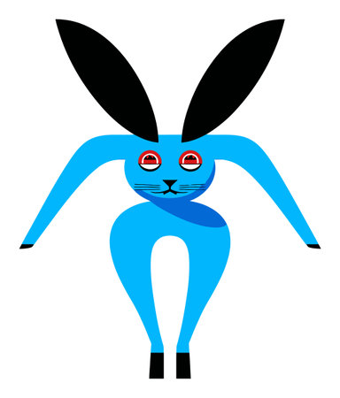 This abstract illustration features a vibrant blue rabbit with striking black ears and red eyes, showcasing modern design and whimsical charm.のイラスト素材