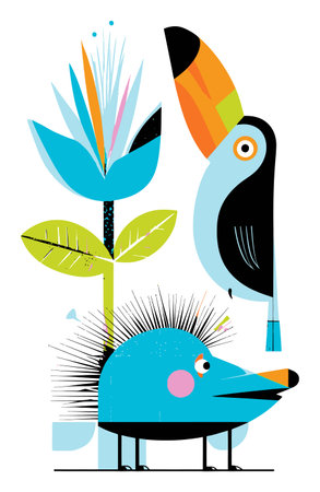 Bright and playful vector illustration featuring a stylized toucan and a whimsical hedgehog surrounded by colorful flowers. Perfect for colorful designs.のイラスト素材