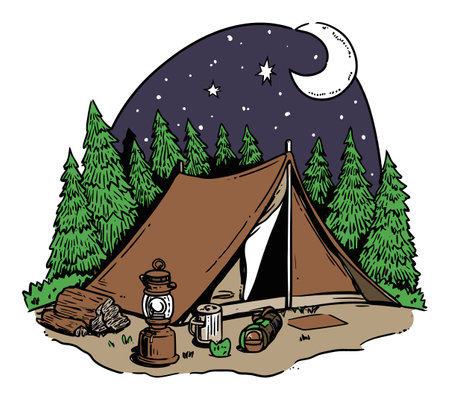 This illustration captures a cozy camping scene featuring a tent, lantern, and surrounding trees under a starry night sky. Perfect for adventure-themed projects.のイラスト素材