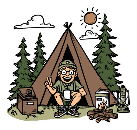 A cheerful explorer relaxes outside a tent, enjoying coffee in a beautiful forest. Surrounded by trees, sunlight, and a warm campfire, this illustration captures the spirit of adventure and outdoor fun.のイラスト素材