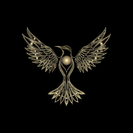 Stunning vector illustration of a golden bird with intricate patterns on a black background, perfect for themes of elegance, nature, and creativity in art.のイラスト素材