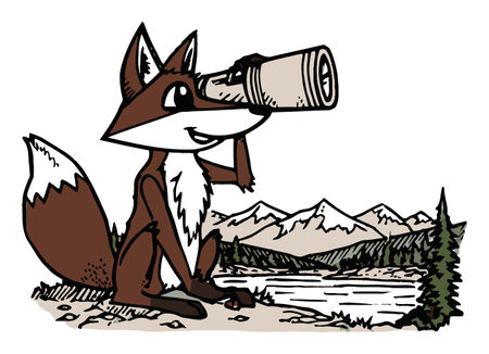 This delightful illustration features a cheerful fox using binoculars to explore a beautiful landscape, embodying the spirit of adventure and curiosity in nature.のイラスト素材