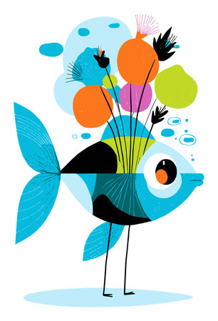 Whimsical and colorful illustration of a cartoon fish holding vibrant balloons, perfect for creative projects, children's themes, or decorative purposes.のイラスト素材