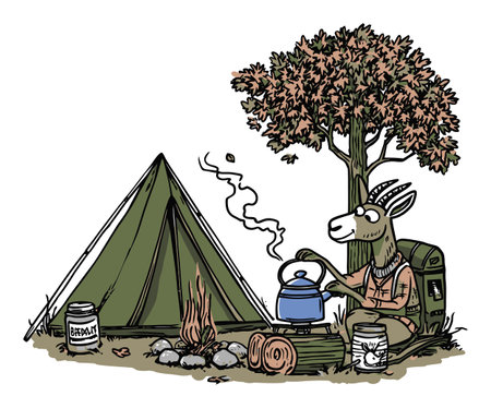 A whimsical illustration of a goat enjoying a camping adventure, cooking by a campfire with a kettle amidst a scenic outdoor setting.のイラスト素材