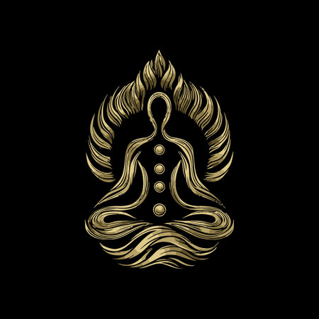 This elegant vector artwork depicts a meditative figure surrounded by abstract flames. The design symbolizes serenity and inner peace with flowing lines and golden hues.のイラスト素材