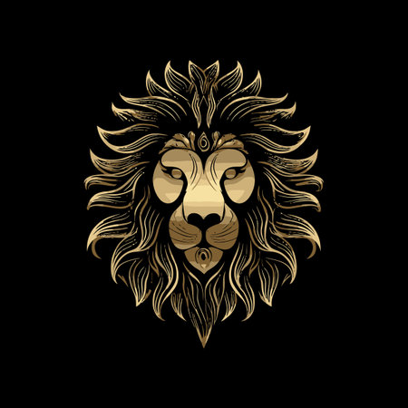 This elegant lion illustration showcases intricate details and a bold design in gold against a black background, representing power and majesty.のイラスト素材