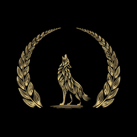 This striking vector art features a gold wolf silhouette surrounded by laurel wreaths, symbolizing...