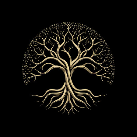 Beautiful golden tree vector art showcasing intricate branches and roots on a black background. Ideal for nature-themed projects, designs, and decorations.のイラスト素材