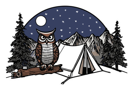 An artistic illustration of an owl perched beside a camping tent under a starry night sky. Perfect for outdoor enthusiasts and adventure lovers.のイラスト素材