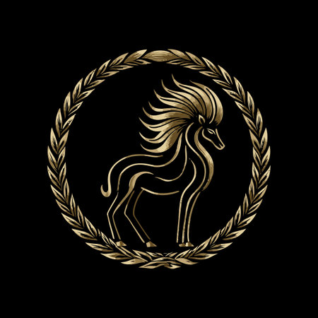 Elegant gold vector art depicts a mythical horse within a circular frame, showcasing creativity and fantasy. Perfect for decor and artistic projects.のイラスト素材