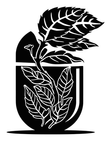 Stylized black and white illustration of a leafy plant, featuring clean lines and elegant shapes, perfect for nature-themed projects or designs.のイラスト素材