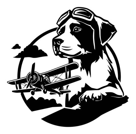 Engraved style illustration of a dog wearing aviator goggles beside an airplane, symbolizing adventure and a love for flight. Perfect for aviation enthusiasts.のイラスト素材