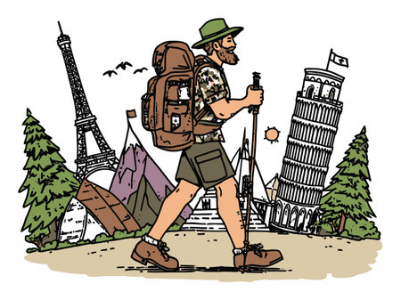 A lively illustration of a bearded explorer hiking with a backpack, surrounded by iconic landmarks and nature. Perfect for adventure-themed content.のイラスト素材
